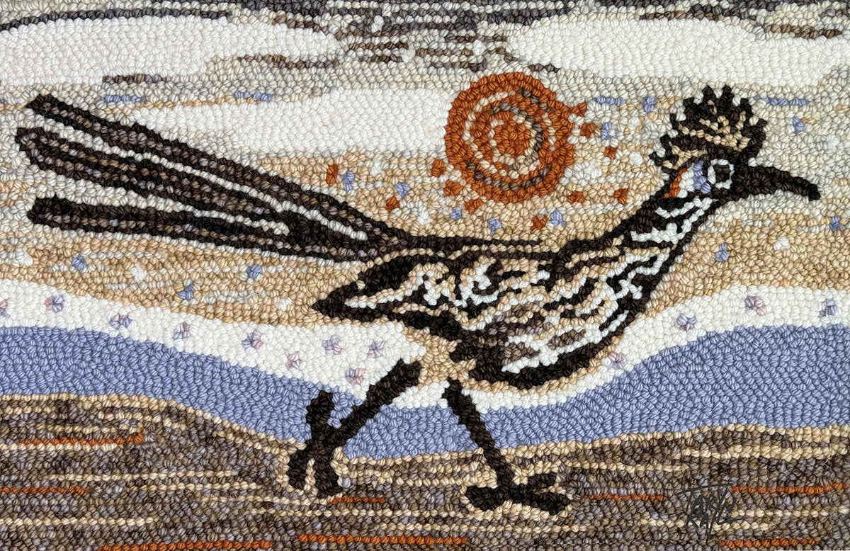 "Hill Country Roadrunner at Sunset" 14" x 24" Framed Wool Rug by Taryn Kail